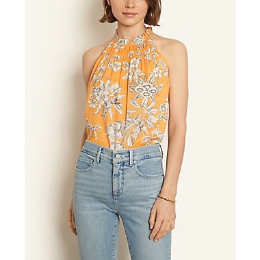 Ann Taylor Floral Pleat Neck Shell